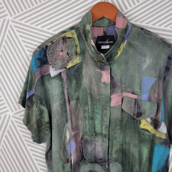 Vintage 90s Shirt Dress Size 14 16 XL Art to Wear Midi Long Green Button Front - Picture 4 of 9